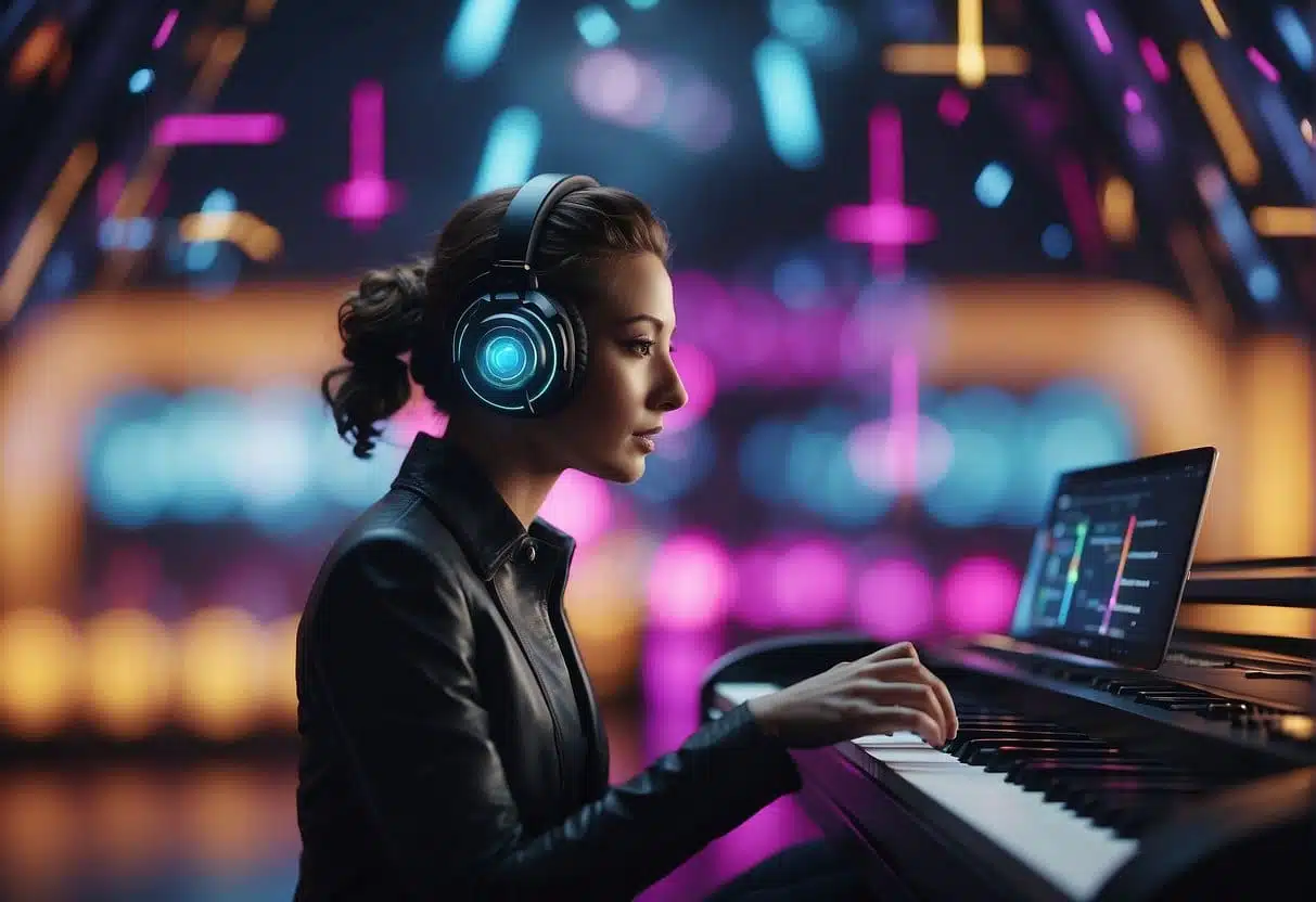 AI creating music, art, and design. A futuristic, sleek interface with vibrant colors and dynamic shapes. A sense of innovation and creativity in the air