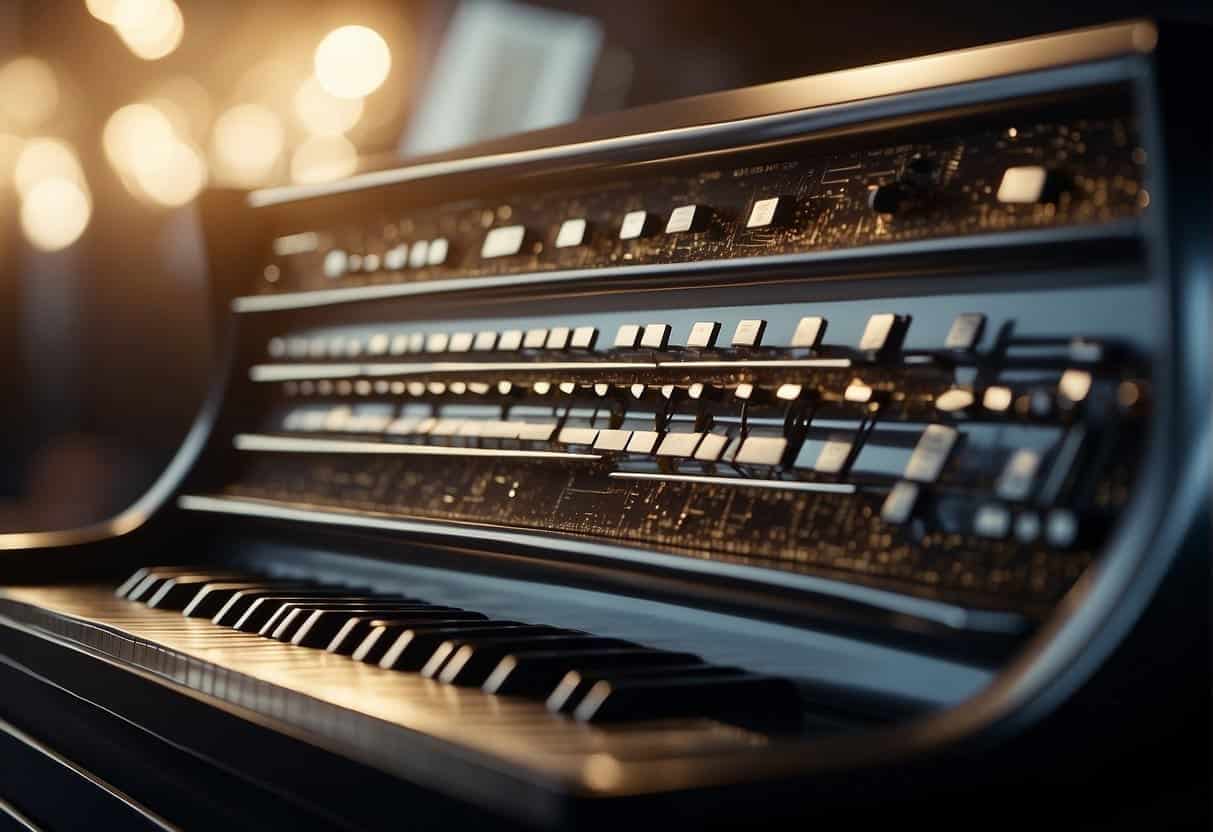 An AI-generated piece of music, art, and design being created, with ethical and authorship considerations being taken into account