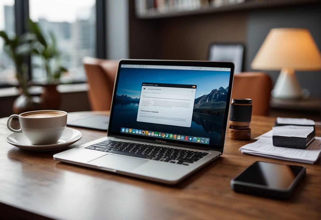 A laptop, smartphone, and legal documents on a desk with a website and social media icons displayed on the screen