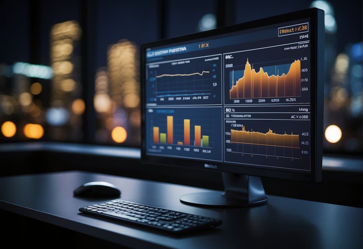 A computer screen displays a variety of performance metrics and online presence indicators for a legal services company. Graphs, charts, and social media icons are visible