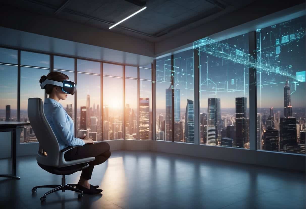 An AI-powered virtual reality headset displays a 3D model of a futuristic office environment, with holographic data visualizations and interactive business applications
