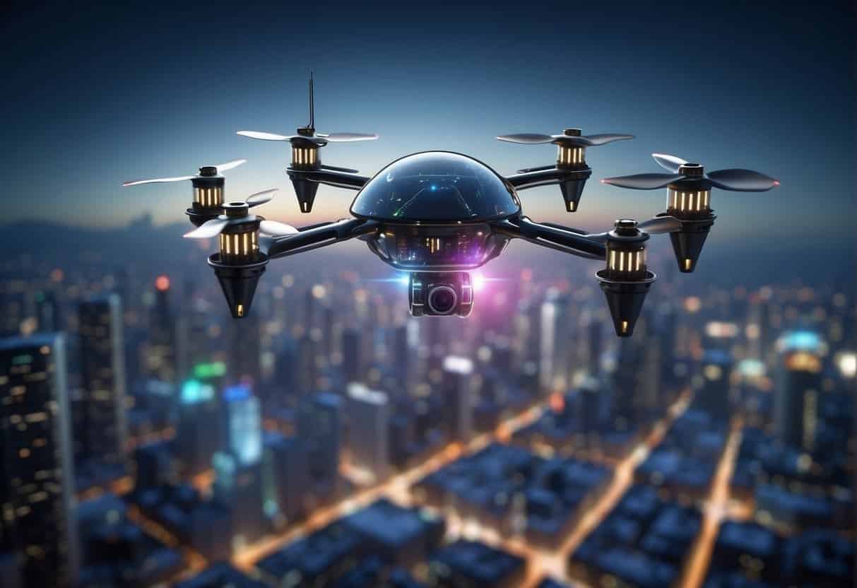 A futuristic cityscape with holographic projections and AI-controlled drones flying above, showcasing immersive business applications