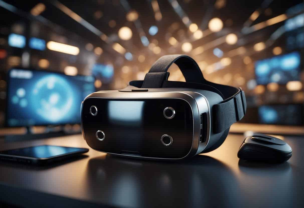 A virtual reality headset surrounded by AI-powered devices, displaying a 3D interactive business application