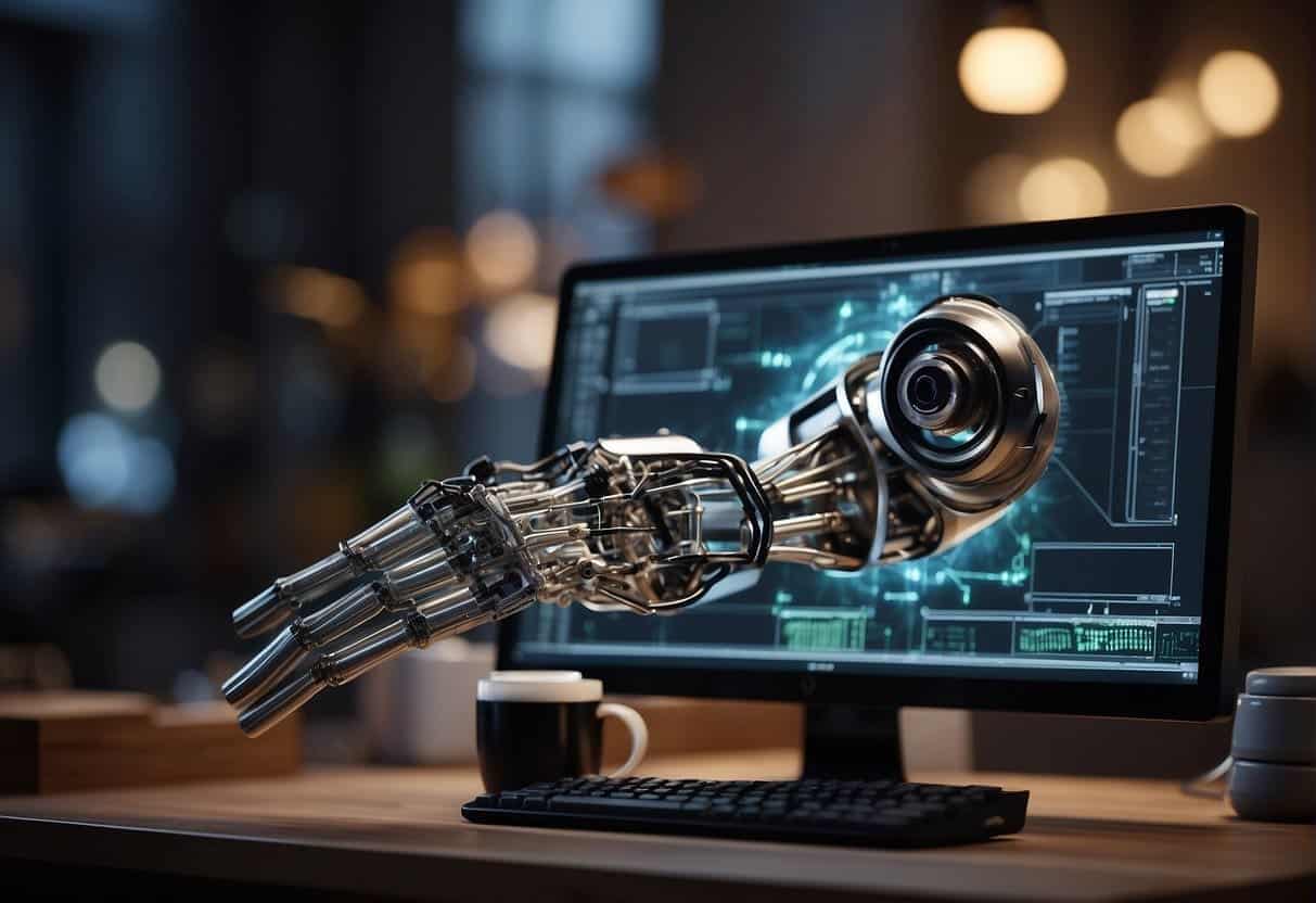 AI generates music, art, and design. A computer screen displays various creative outputs. A robotic arm manipulates tools to create physical art