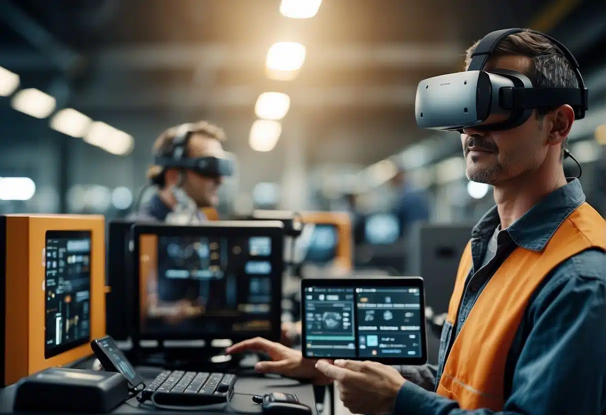 An industrial setting with AI-driven virtual reality systems integrated into machinery and equipment. Workers interact with immersive business applications, enhancing productivity and efficiency