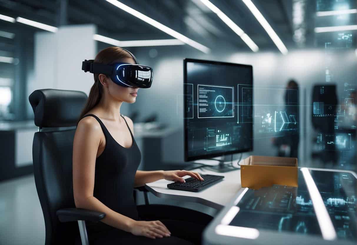 A computer-generated AI program interacts with virtual reality technology, creating immersive business applications