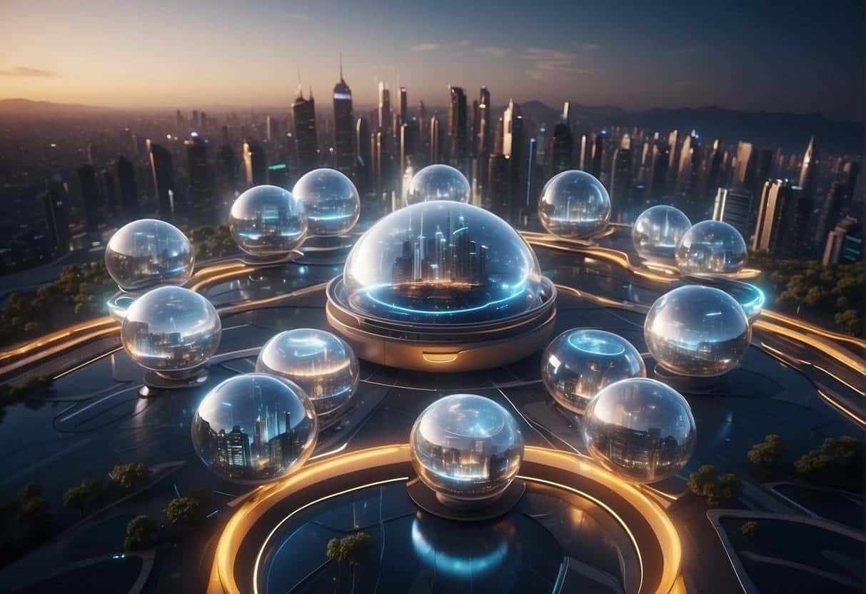 A futuristic cityscape with holographic displays and VR headsets, showcasing AI and virtual reality integration in business applications