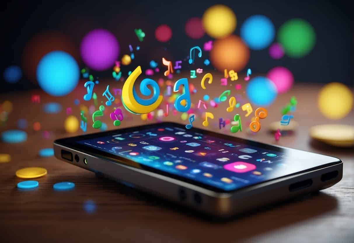 A colorful palette of digital tools surrounds a sleek AI device, while diverse symbols and musical notes float in the air
