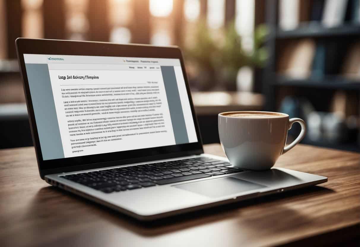 A laptop displaying a well-designed email template with legal advisory content, surrounded by open books and a cup of coffee