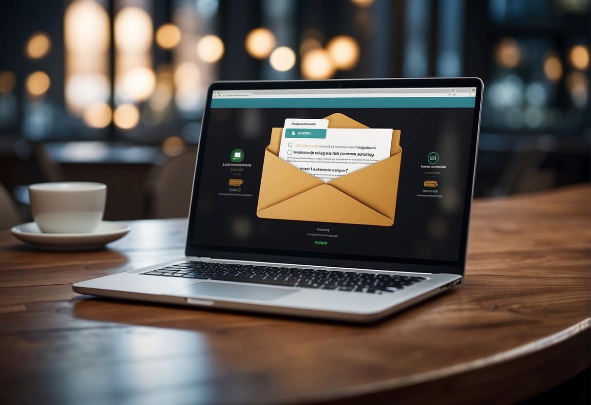A laptop displaying an email marketing campaign for legal advisories, with social media icons and a website in the background