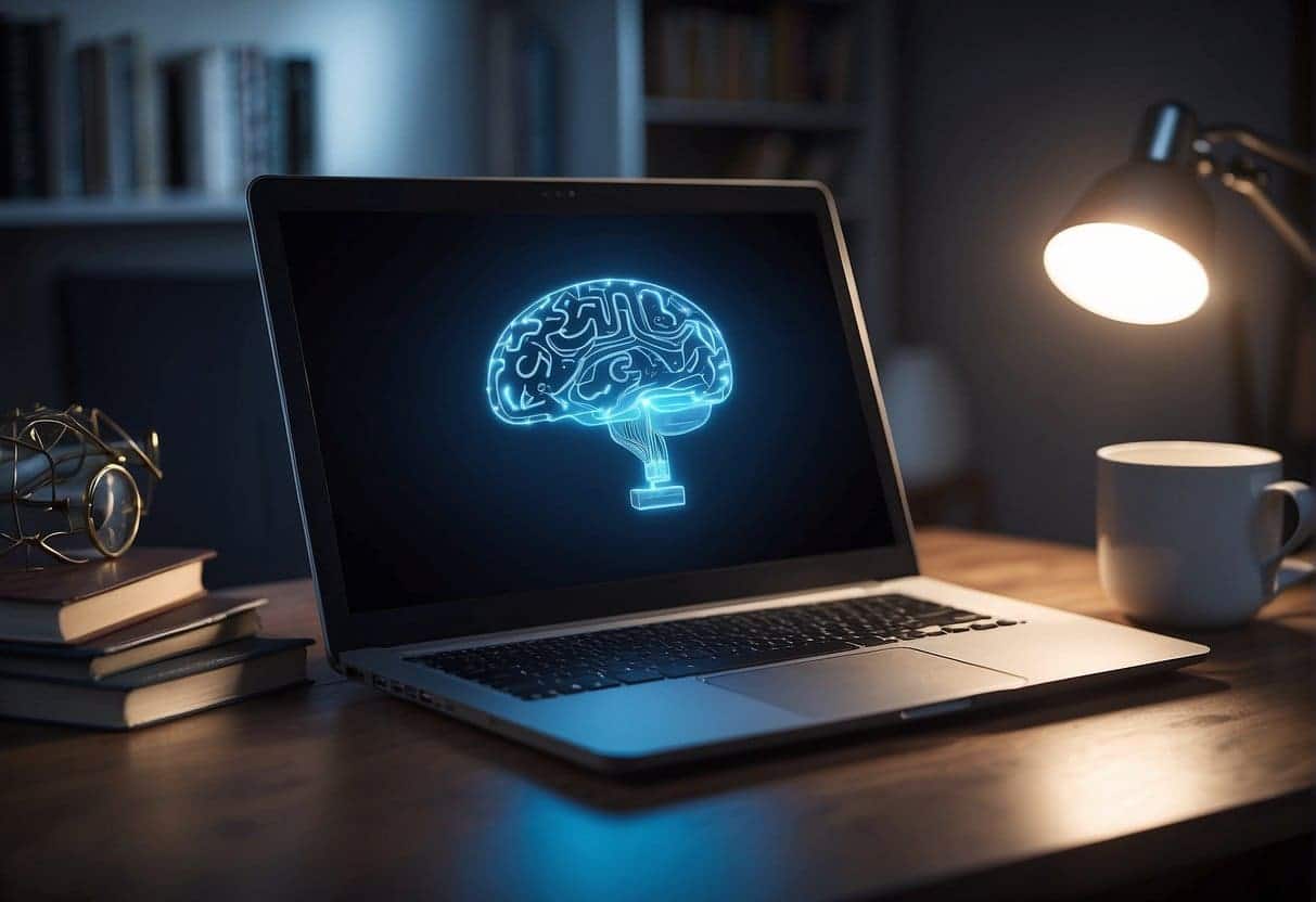 A computer with a glowing brain symbol, surrounded by question marks and a book titled "Artificial Intelligence for Beginners."