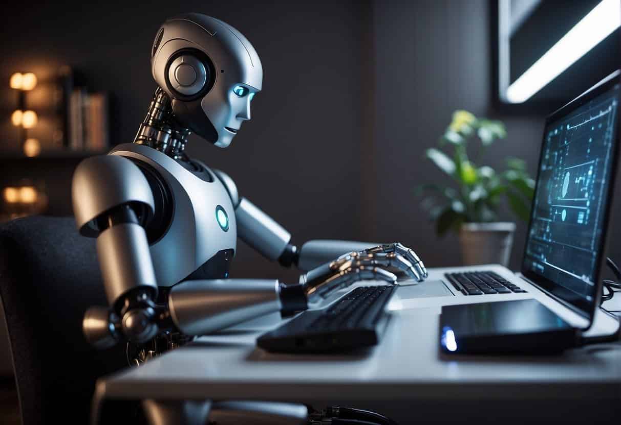 An AI robot analyzing data on a computer, while a smart home system adjusts lighting and temperature in the background