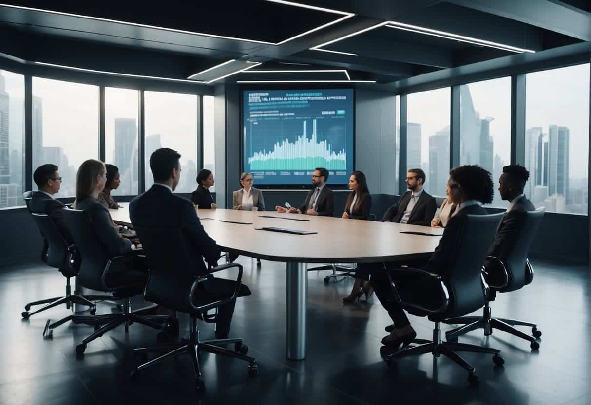 A conference room with a large screen displaying data analytics. A group of professionals discussing AI technology for talent acquisition and HR