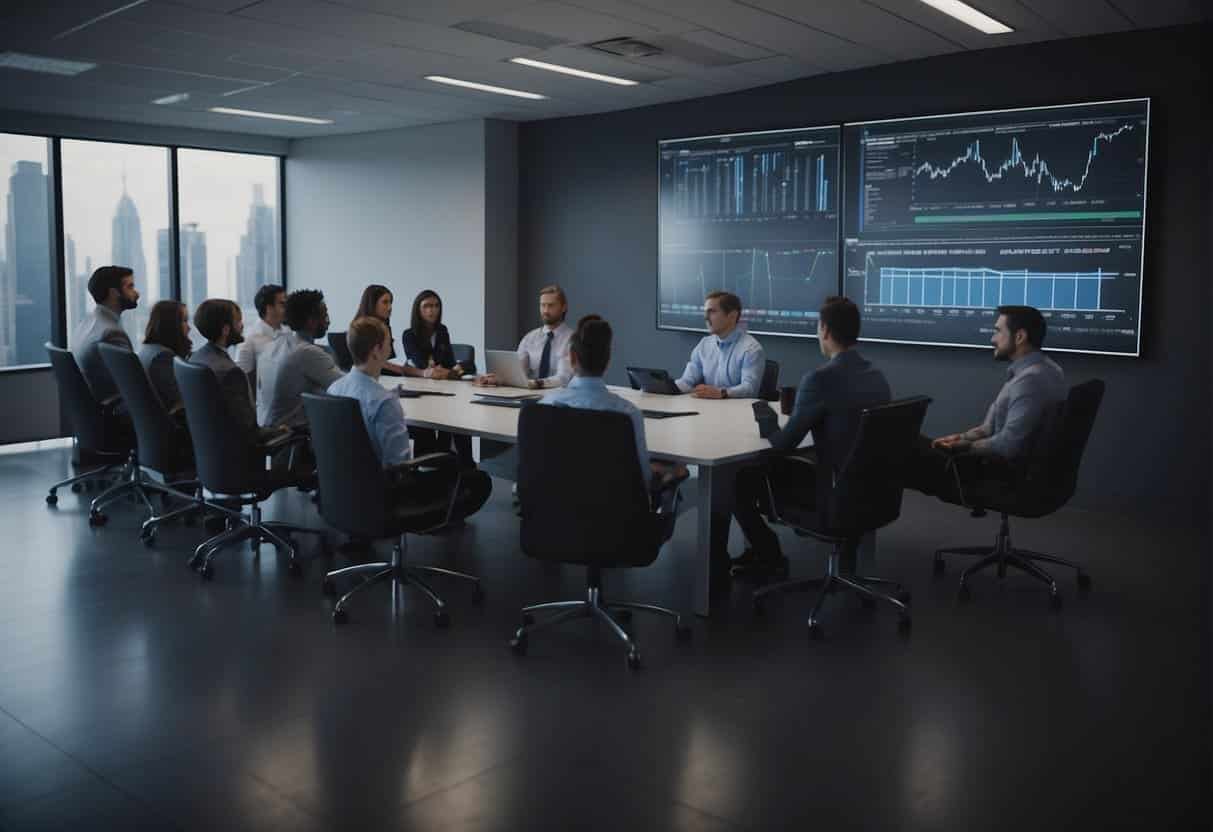 An office setting with a computer screen displaying AI tools. A group of employees are gathered, listening to a trainer discuss the technology
