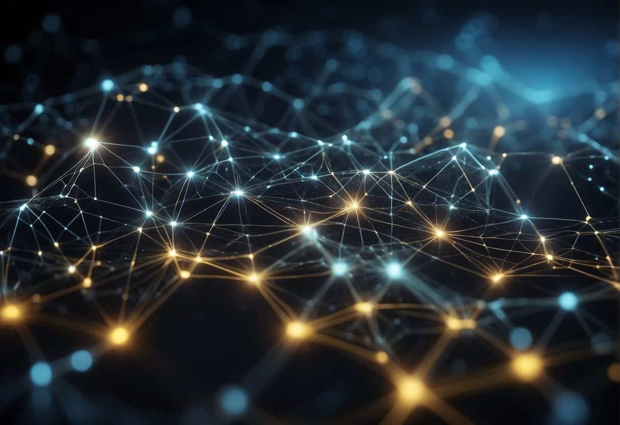 A network of interconnected data points forms the foundation of AI innovation. Streams of information flow into a central hub, fueling the continuous learning process that propels businesses forward