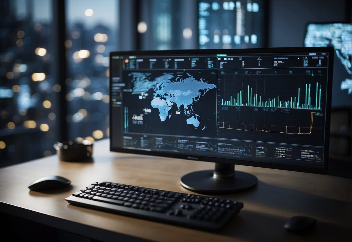 An AI system monitors data inputs, adjusts algorithms, and improves performance over time. Multiple data streams flow into the system, while it processes and analyzes the information to make real-time adjustments