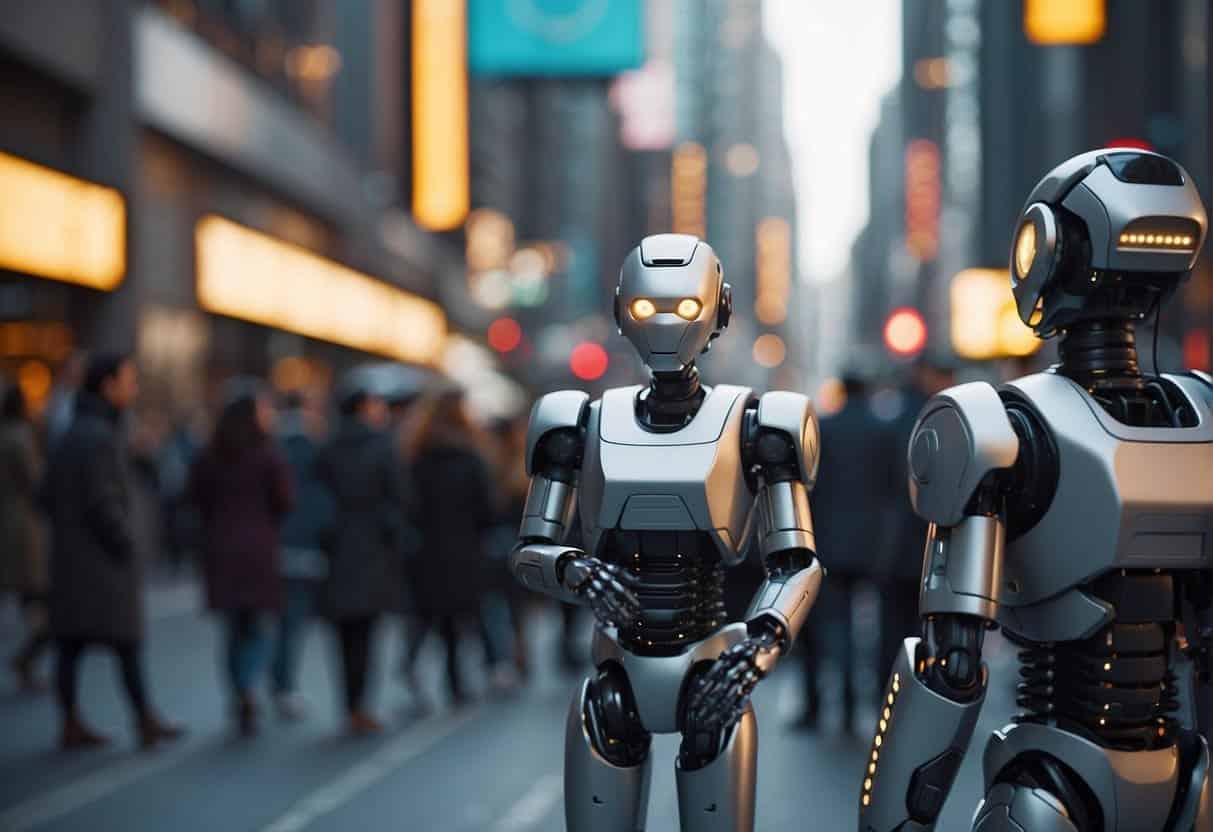 A futuristic cityscape with AI-powered robots working alongside humans in a bustling metropolis, showcasing the seamless integration of technology and continuous learning in business