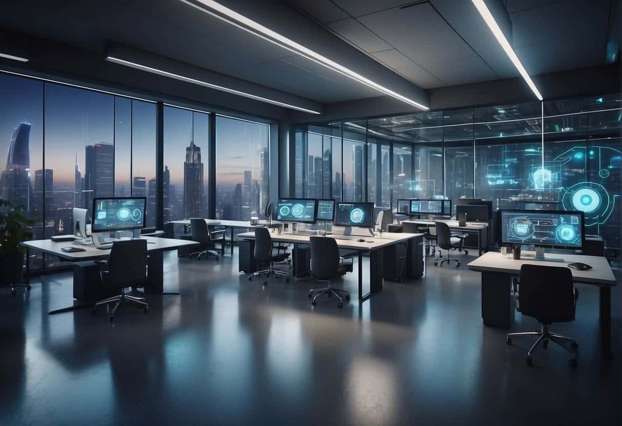 A futuristic office setting with AI technology seamlessly integrated into daily operations, showcasing the practical applications of continuous learning and innovation
