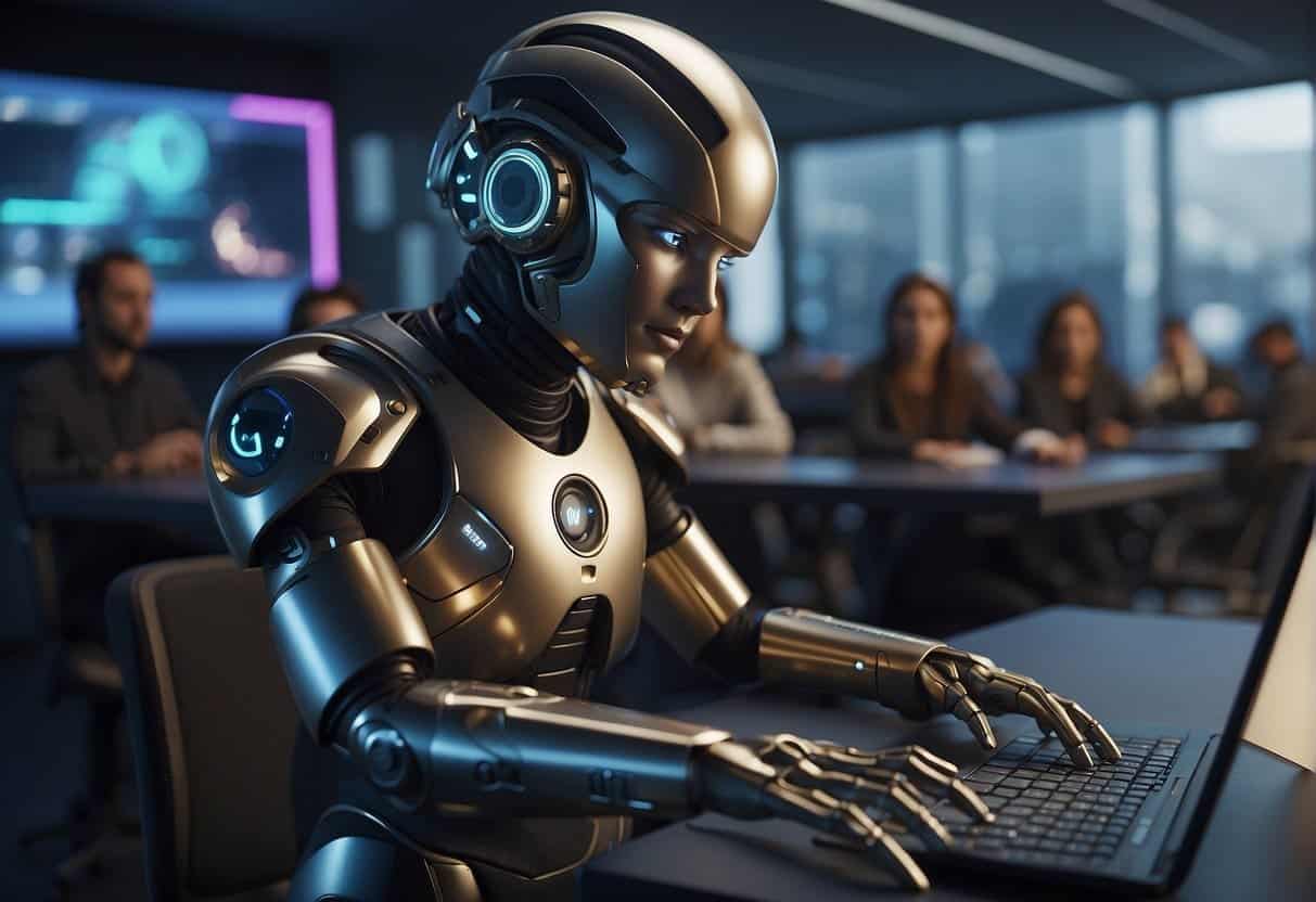 AI creates music, art, and designs in a futuristic classroom setting with digital tools and interactive displays