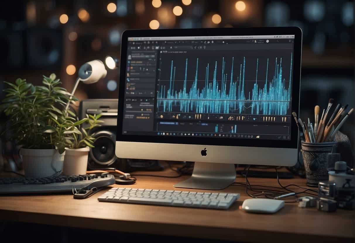 A computer with AI software creating music, art, and design, surrounded by musical notes, paintbrushes, and digital design tools