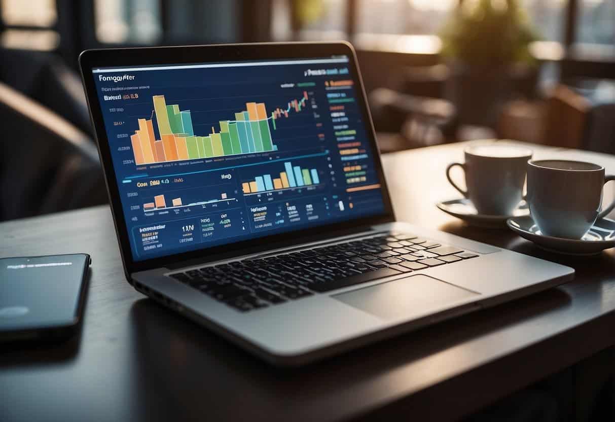 A laptop displaying financial service ads, surrounded by charts and graphs. A phone with notifications of leads coming in