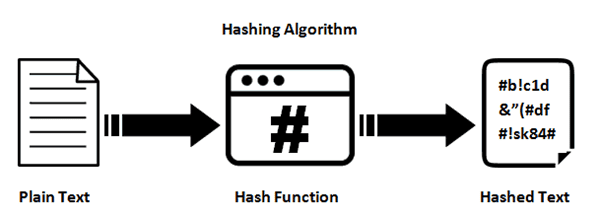 A diagram of a hashing algorithm. Plain text is fed into a hash function, which scrambles it into a fixed-length hashed text (also called a digest). Even small changes to the plain text will result in a completely different hashed text.