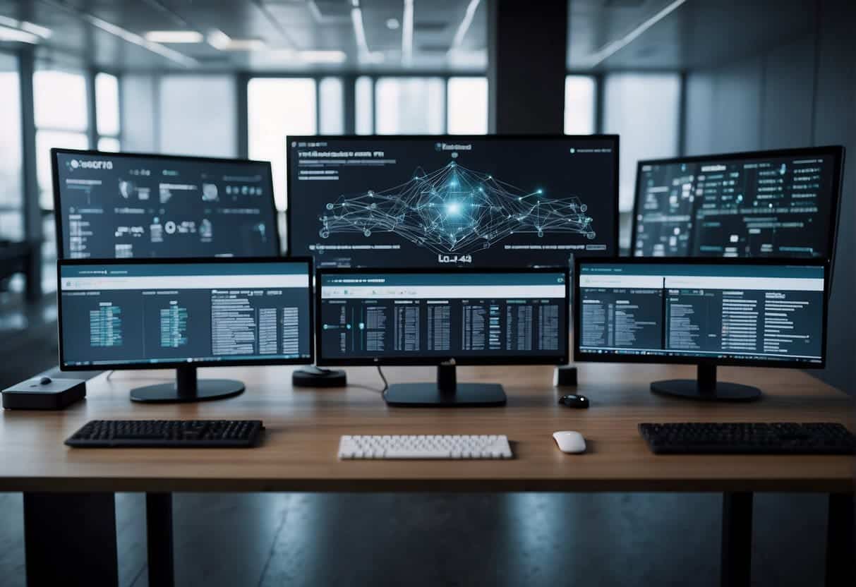 An office setting with AI and blockchain technology integrated into various industry-specific applications. Computer screens display data and algorithms, while a network of interconnected nodes symbolizes the potential for business innovation