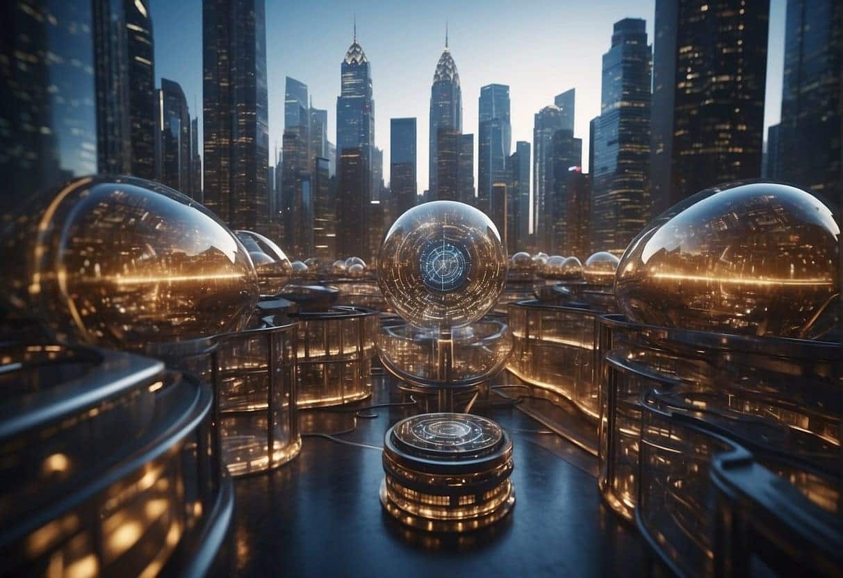AI and Blockchain merge in a futuristic cityscape, with digital networks intertwining among skyscrapers, symbolizing innovation and connectivity