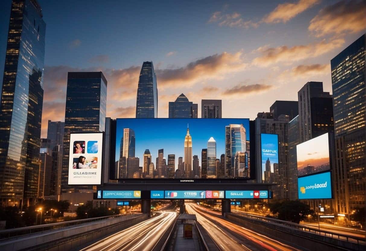 A bustling city skyline with prominent digital billboards and social media icons, showcasing the interconnectedness of the US market landscape