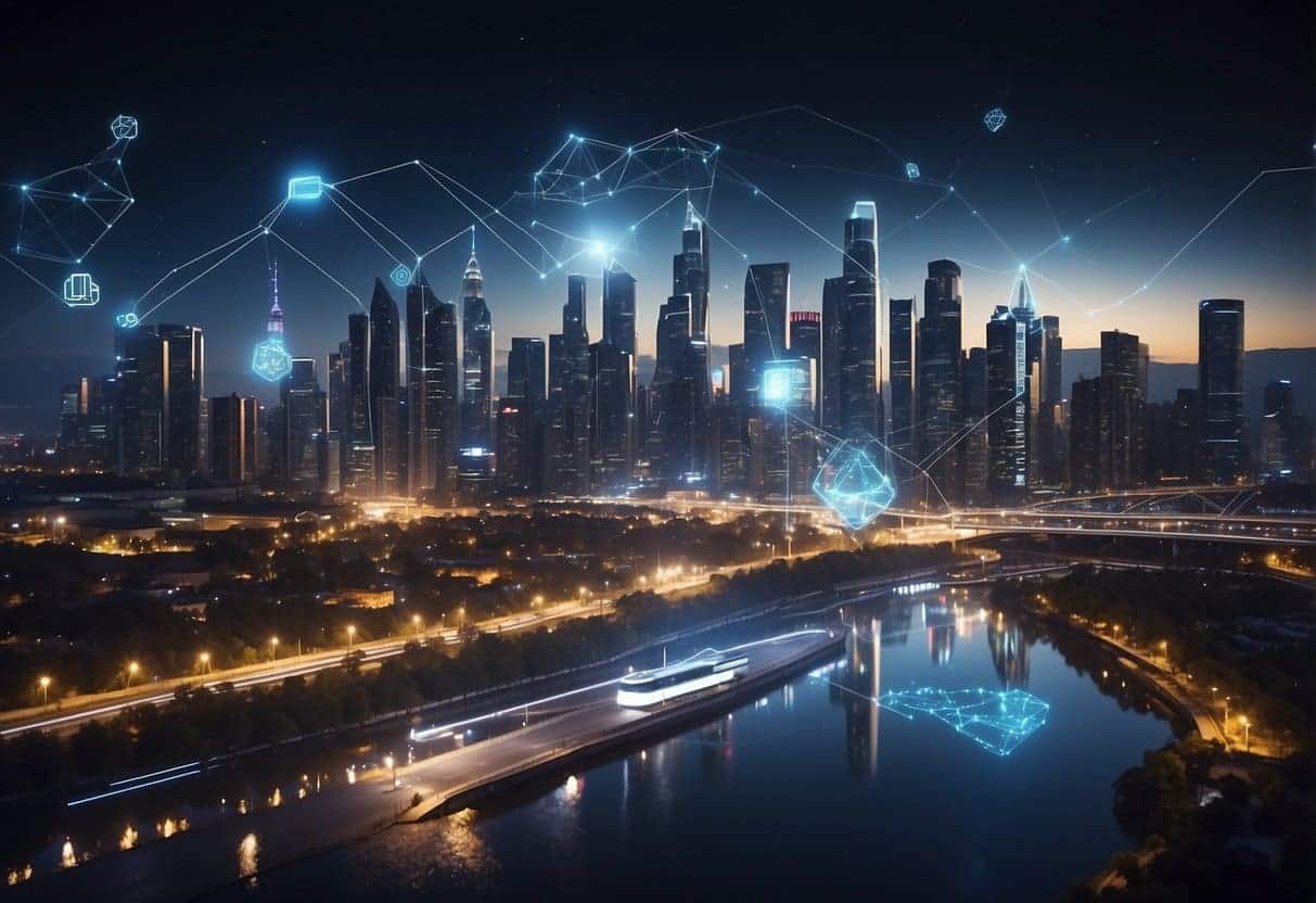 A bustling city skyline with AI and blockchain logos illuminating the night sky, while a stream of futuristic vehicles and drones buzz around a central hub of innovation