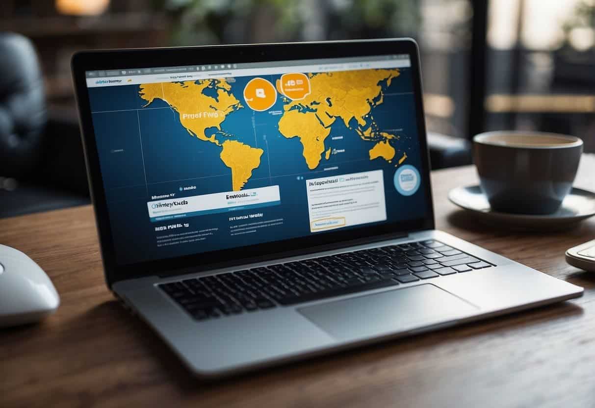 A laptop displaying a website with "Integrating E-Commerce Solutions Entering the US Market: Digital Marketing Essentials" on the screen. Various digital marketing tools and strategies surrounding the laptop