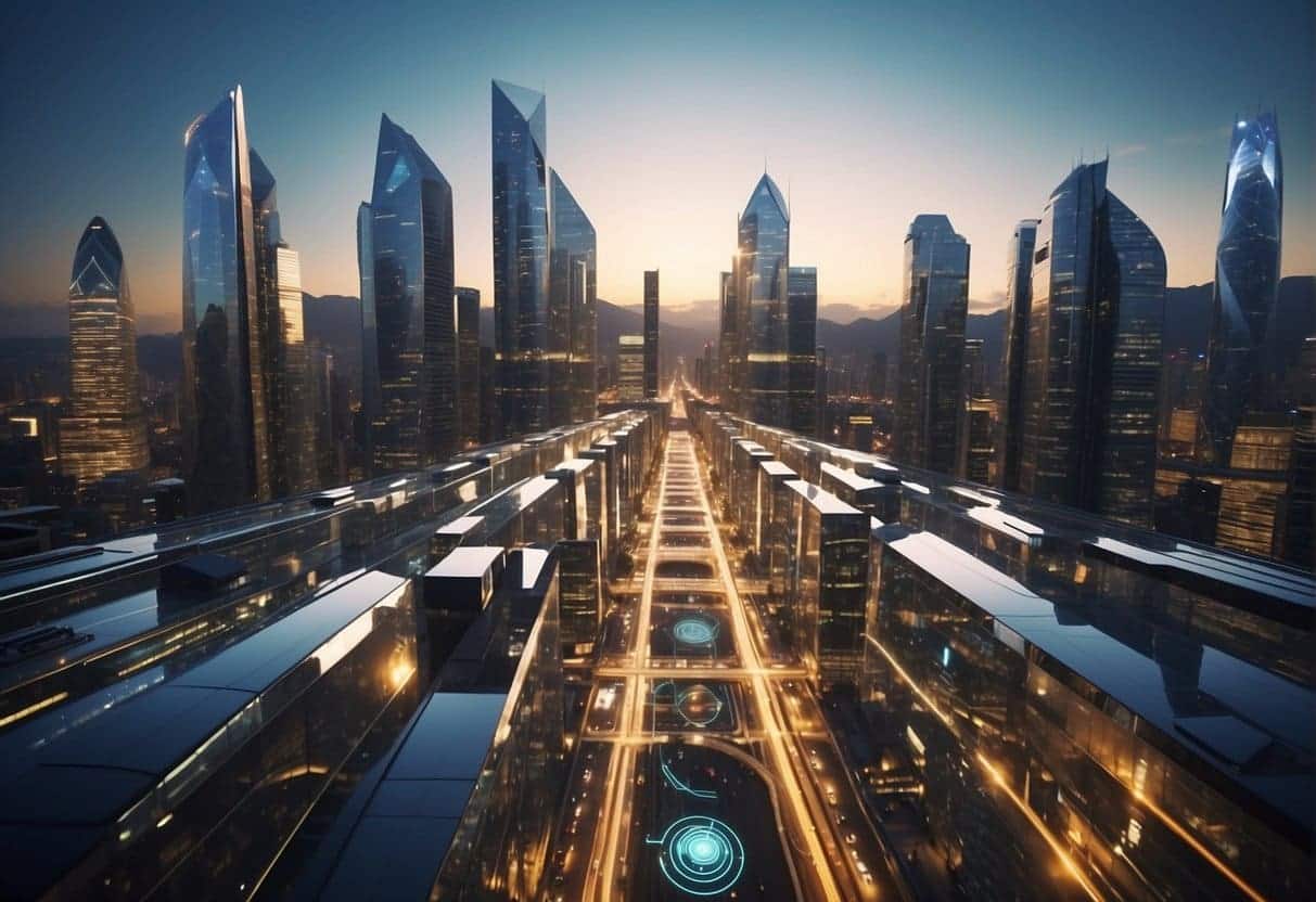 AI and Blockchain technology merge in a futuristic cityscape, with digital networks intertwining among skyscrapers and data streams flowing through the streets