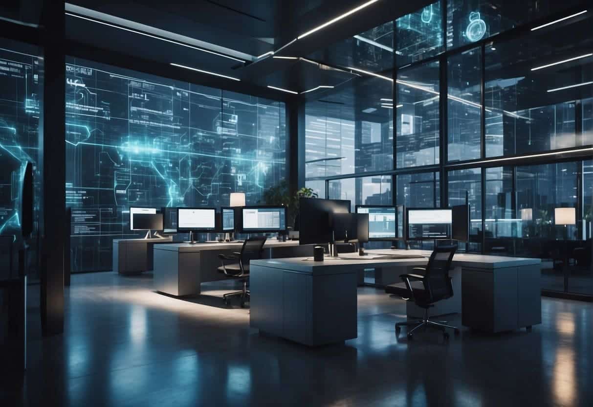 A futuristic office setting with AI and blockchain technology integrated into the architecture and smart contracts being executed on digital screens