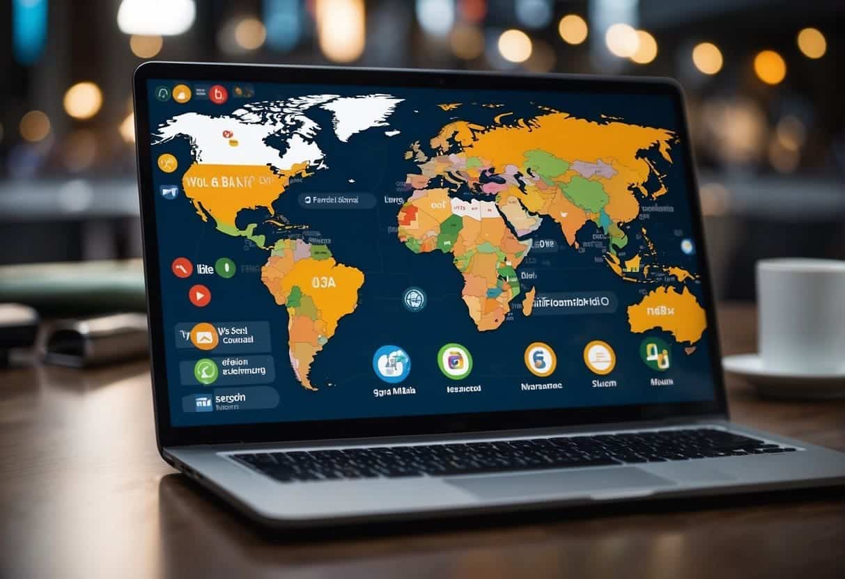 A laptop displaying a website with multilingual content, surrounded by icons representing social media platforms and search engines. A world map with language flags in the background