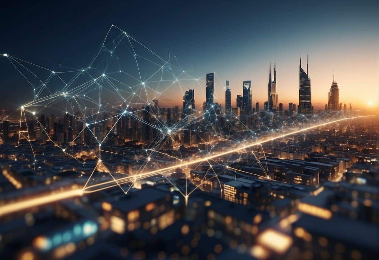 AI and blockchain technologies merge in a futuristic cityscape, with digital data flowing through interconnected networks and smart devices