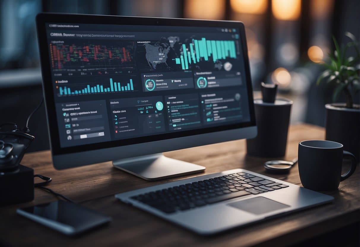 An AI-powered CRM system organizing customer data for a small business owner, with various AI tools integrated for efficient customer management