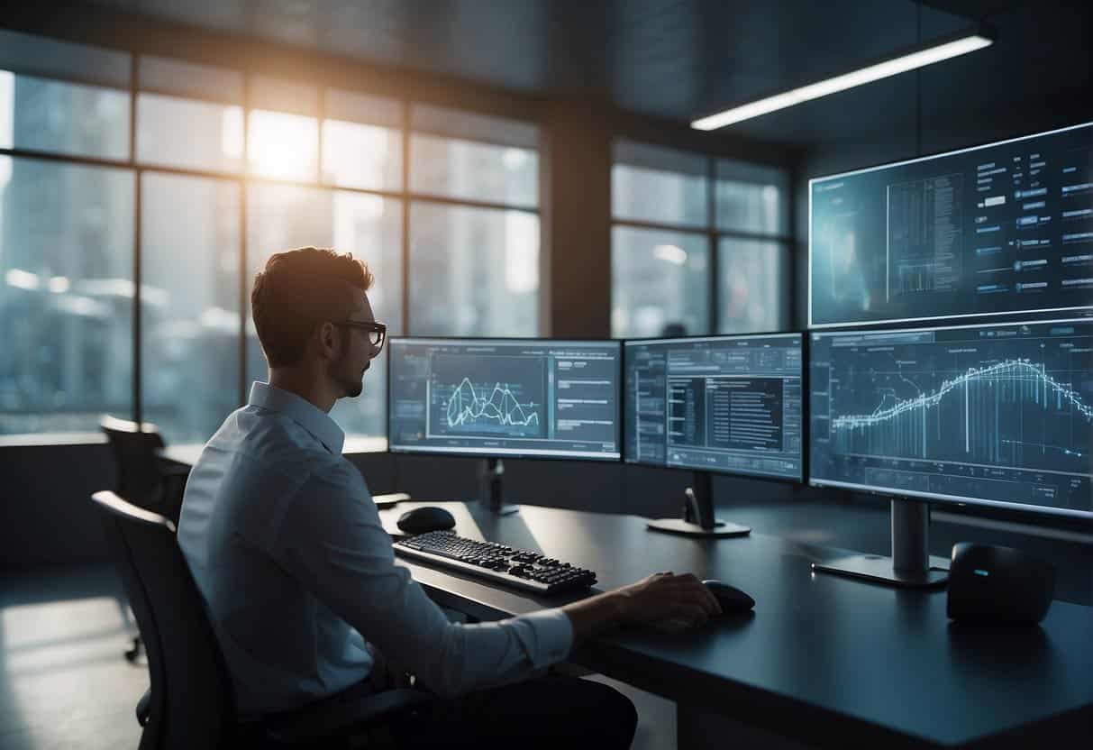 A futuristic office with AI tools integrated into the security system. A small business owner monitors data on a screen while AI algorithms work in the background