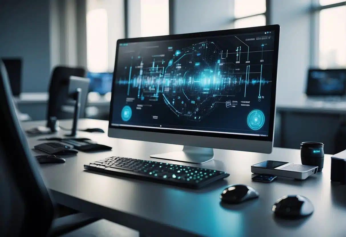 AI tools in a modern office setting, with computers and devices seamlessly integrating AI for efficient management and long-term success