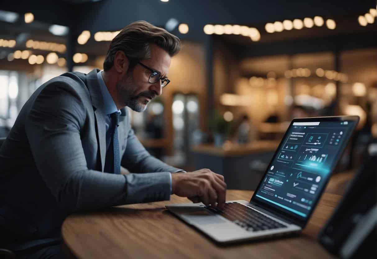 A small business owner interacts with AI tools, revolutionizing sales. AI tools are shown in action, enhancing productivity and efficiency