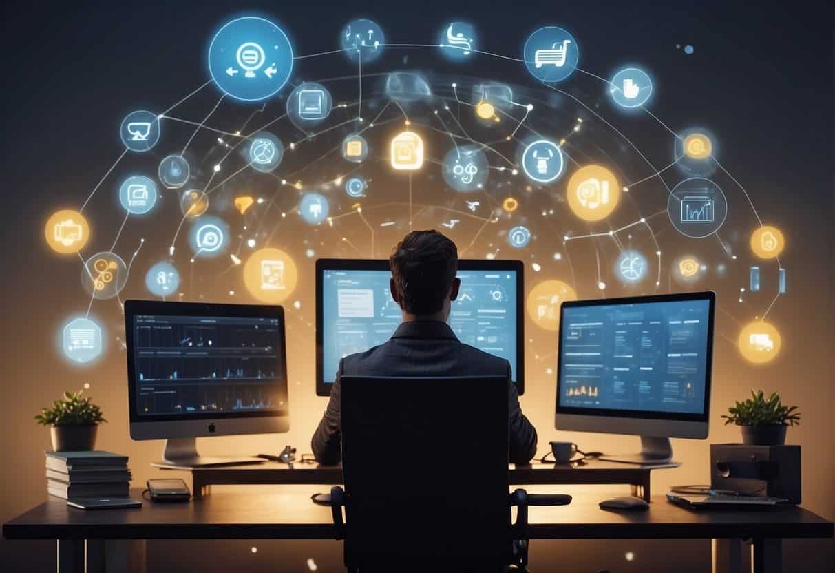 A small business owner sits at a desk, surrounded by various AI tools such as chatbots, data analysis software, and virtual assistants, highlighting the relevance of AI for small businesses