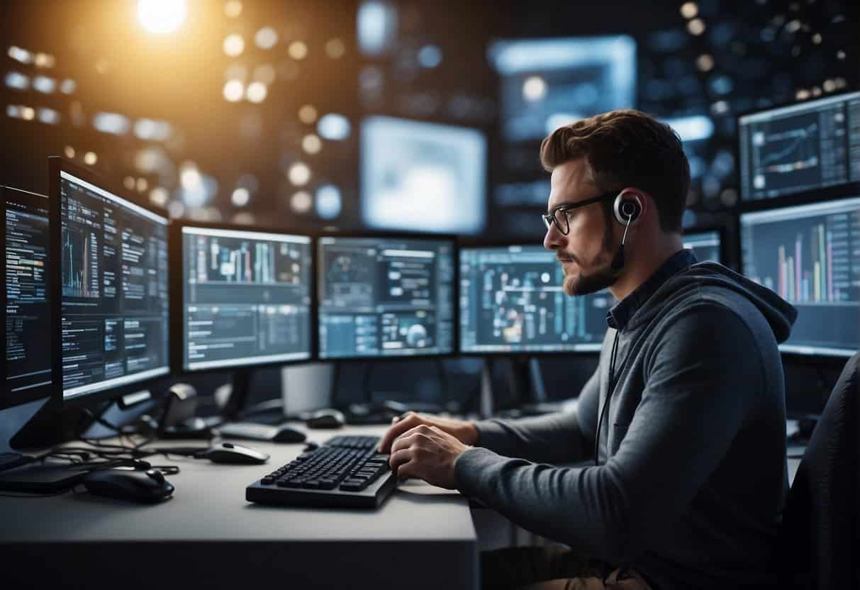 A small business owner sits at a desk surrounded by various AI tools, such as chatbots, data analytics software, and virtual assistants, all displayed on a computer screen