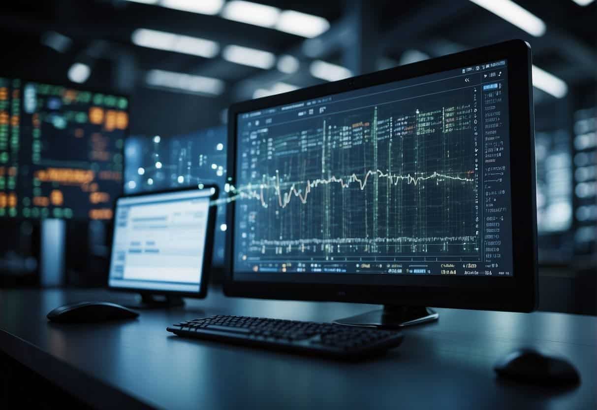 A computer screen displays data being processed by a machine learning model, with various algorithms and equations visible in the background