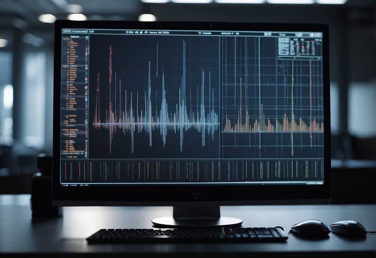 A computer screen displays data patterns being processed and analyzed by machine learning algorithms. Graphs and charts visualize the learning process