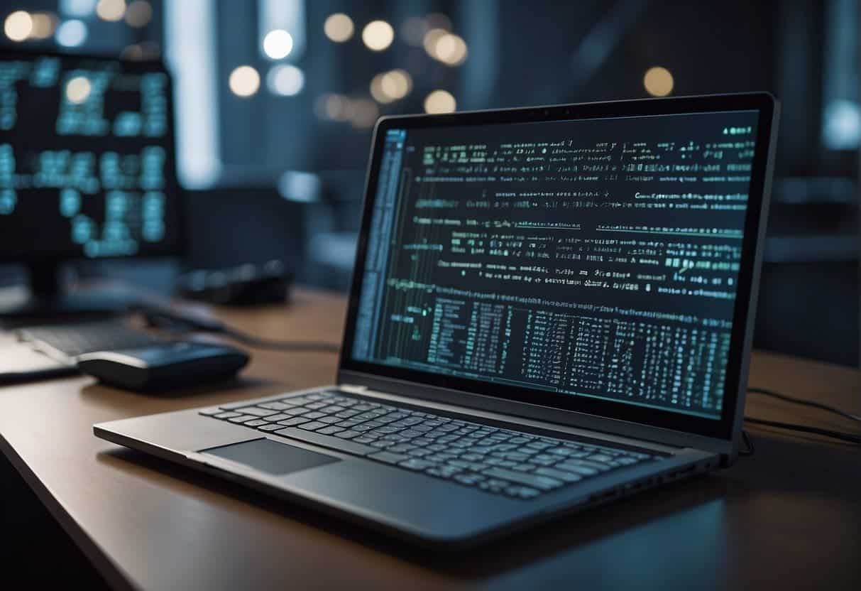 A computer running code with various programming tools and data sets, representing AI training for machine learning models