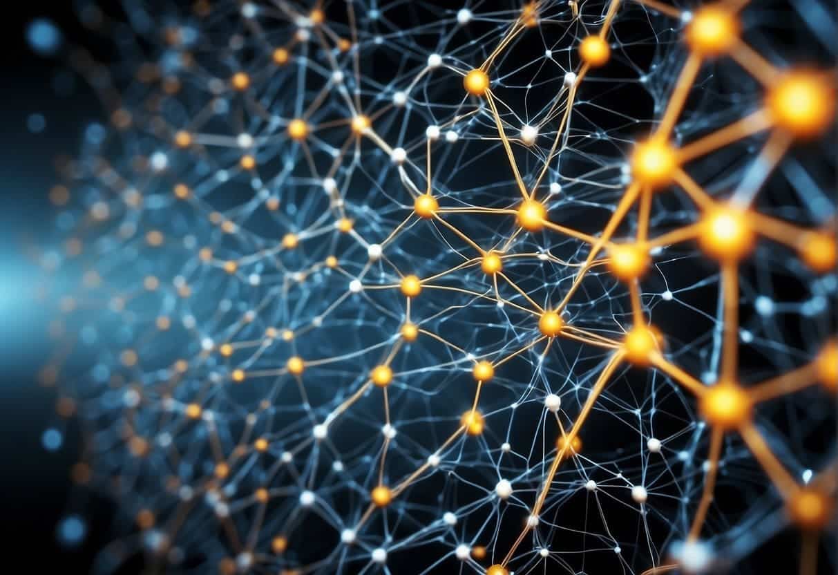 A complex neural network processes data, adjusting its connections to optimize performance