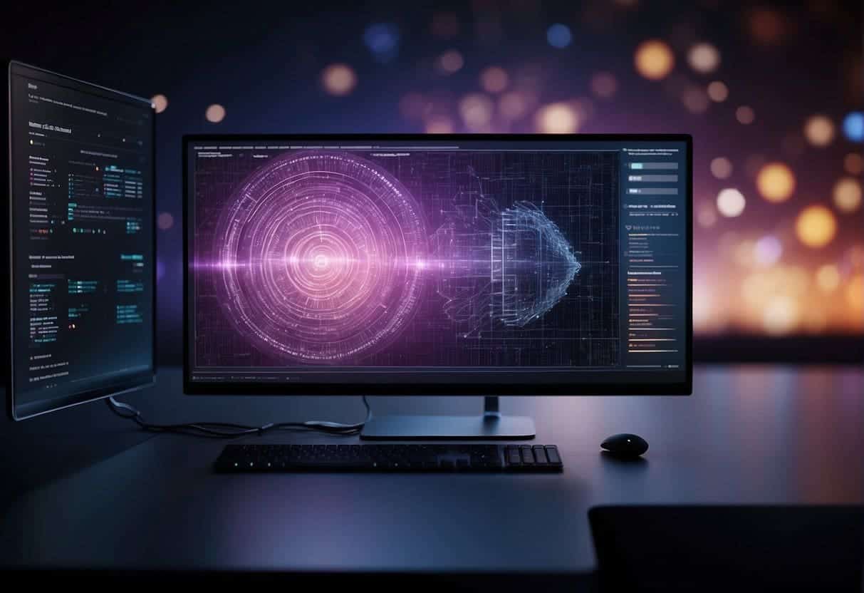 A computer screen displays a series of interactive tutorials on machine learning. A progress bar indicates the AI's ongoing learning process