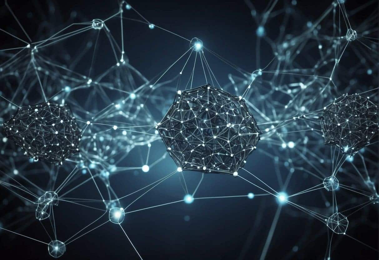 A complex web of interconnected nodes and data points, representing the intricate process of machine learning algorithms training and learning from vast amounts of data