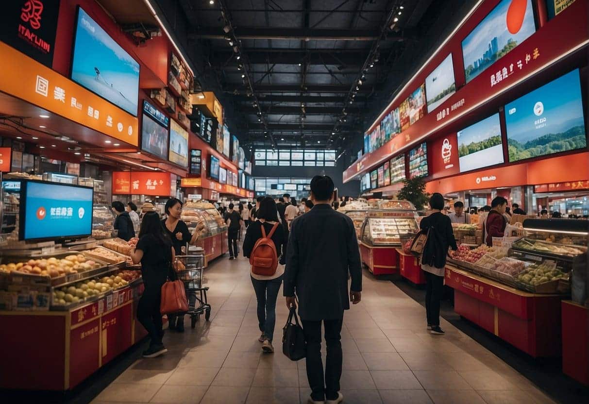 A vibrant digital landscape in China, with WeChat, Weibo, and Tmall logos prominently displayed, while consumers engage with online shopping and social media