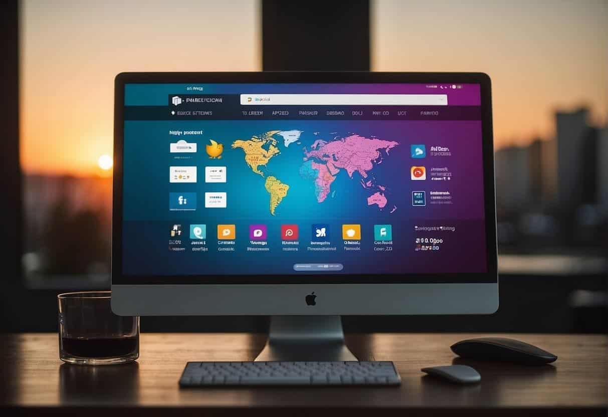 A computer screen displaying a sleek, modern website with a bold logo and vibrant color scheme. Social media icons and positive customer reviews are visible