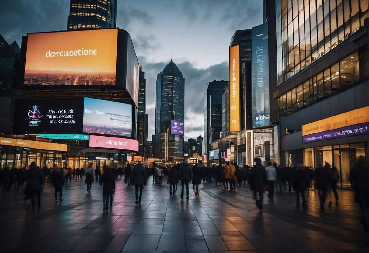 A bustling cityscape with digital billboards and social media logos, showcasing the integration of innovative funding and support systems in Scotland's digital marketing landscape
